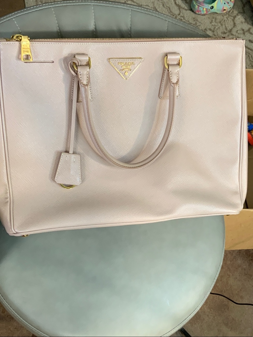 Prada Pale Pink Saffiano Leather Tote with Gold-Tone Hardware